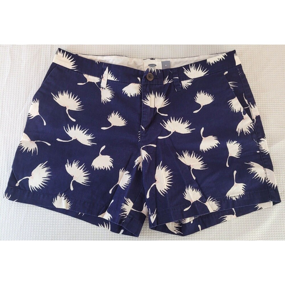 Old Navy Womens 8 Chino Shorts Blue Poppy Flower Mid Rise Preppy Cotton